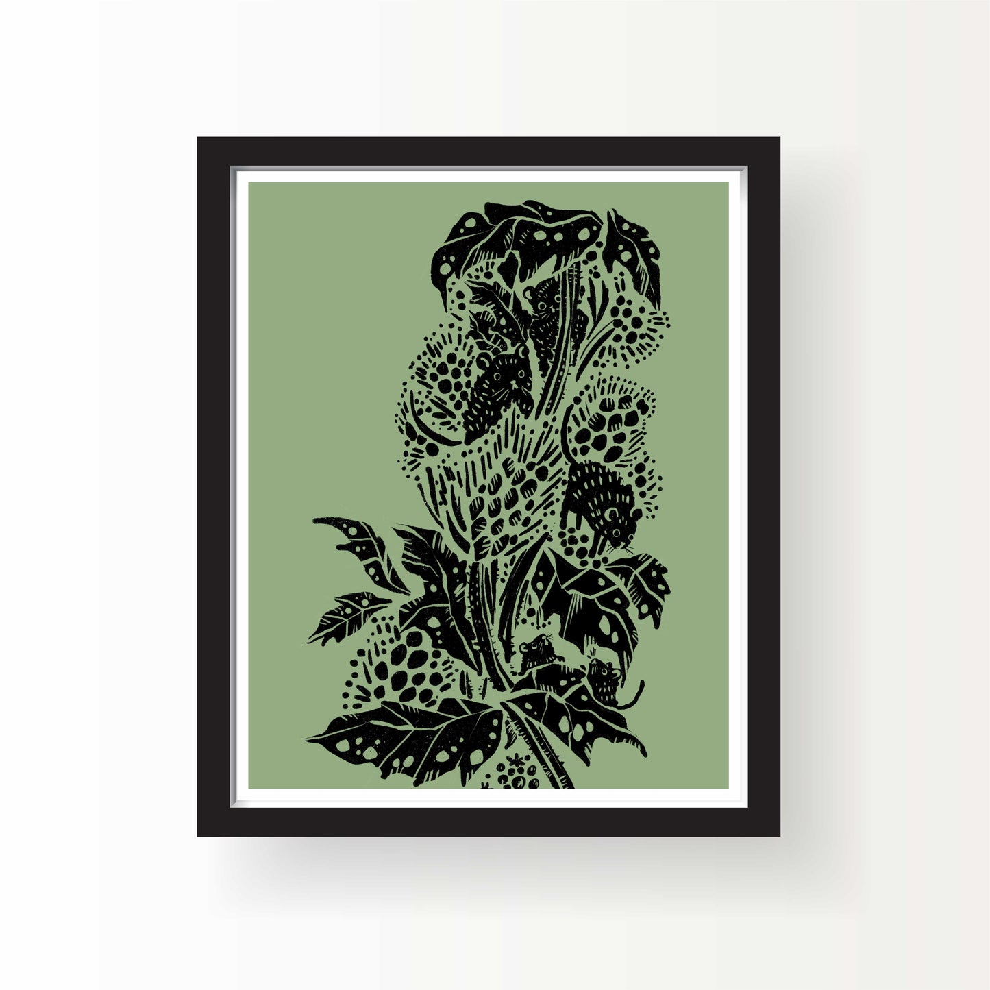 Botanical-style black illustration of wheat stalks and leaves with hidden mice throughout, on a sage green background, 8x10 art print by Miss Johnny Squirrel