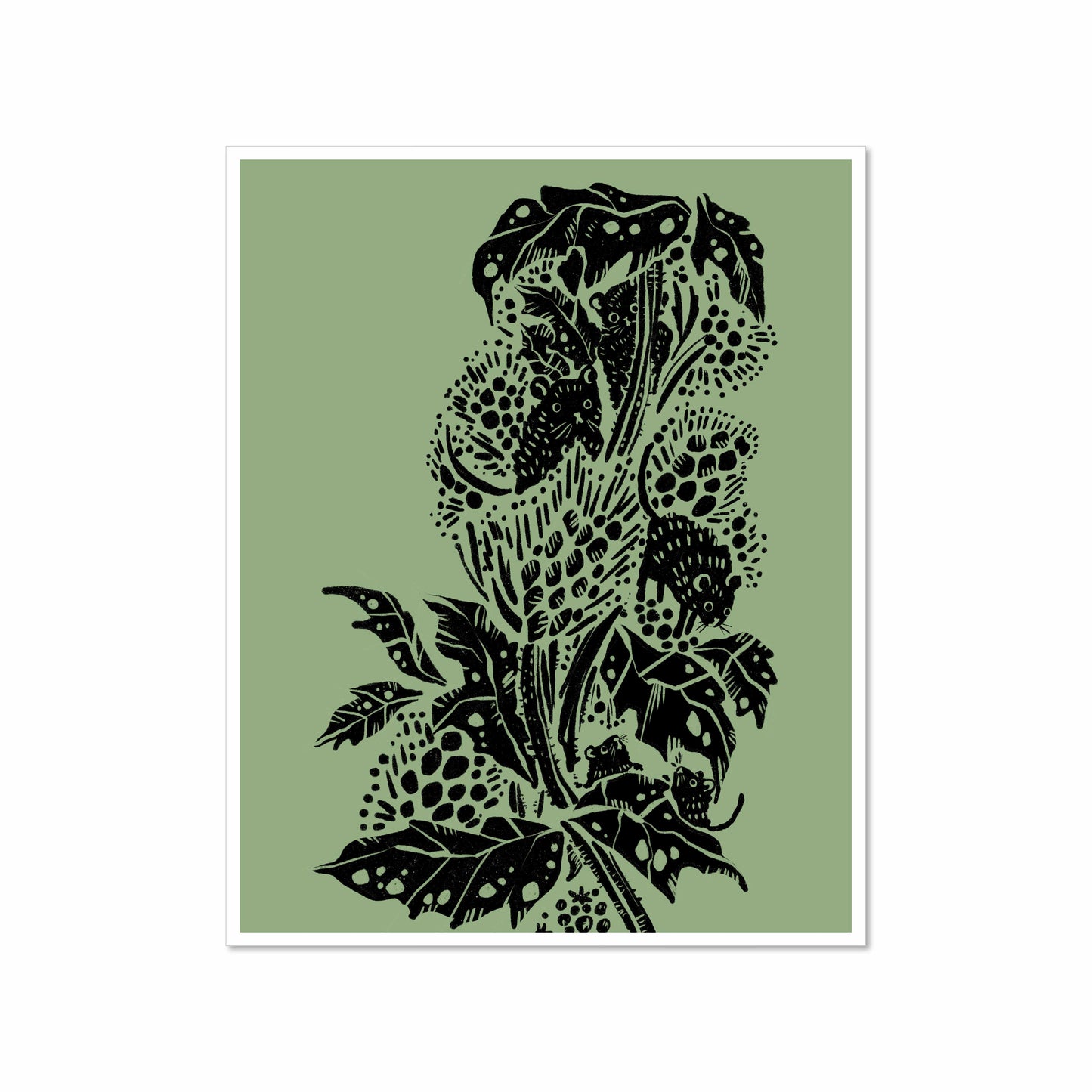 Botanical-style black illustration of wheat stalks and leaves with hidden mice throughout, on a sage green background, 8x10 art print by Miss Johnny Squirrel