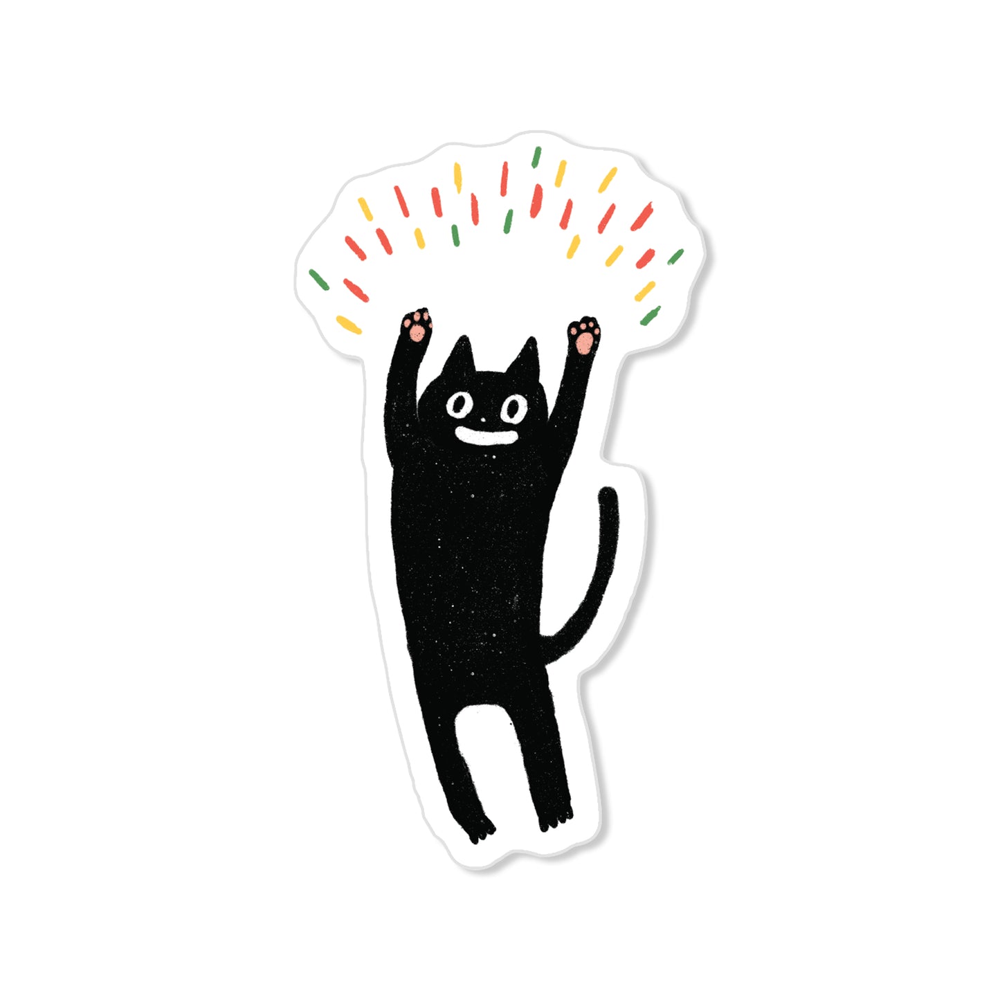 Yippee cat sticker with black cat raising paws under colorful confetti, playful hand-drawn illustration