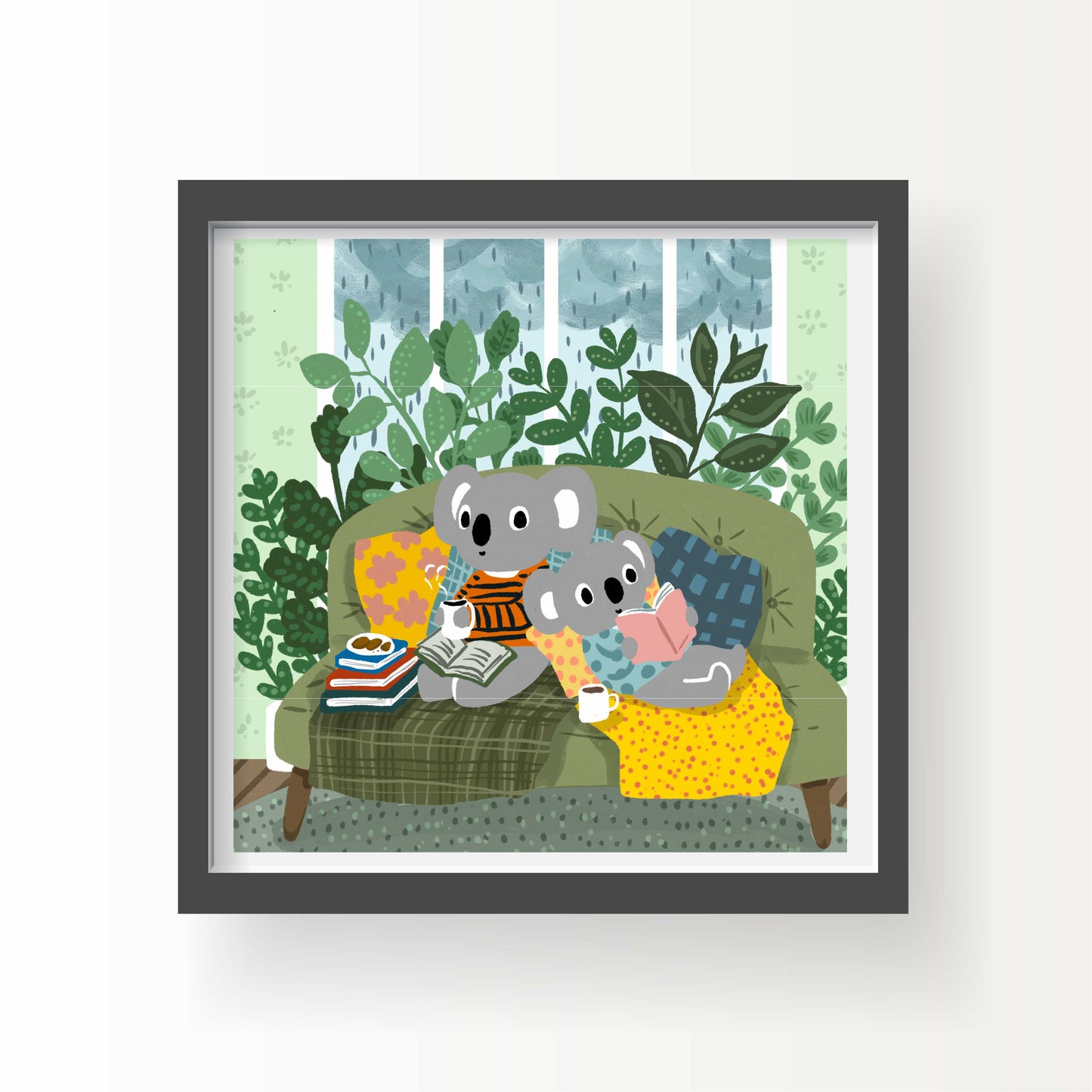 Two cozy koalas reading on a green couch surrounded by plants on a rainy day, illustrated art print by Miss Johnny Squirrel