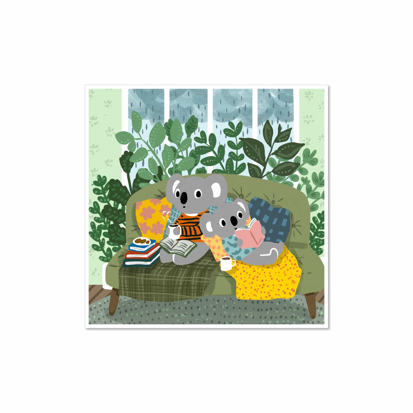 Two cozy koalas reading on a green couch surrounded by plants on a rainy day, illustrated art print by Miss Johnny Squirrel