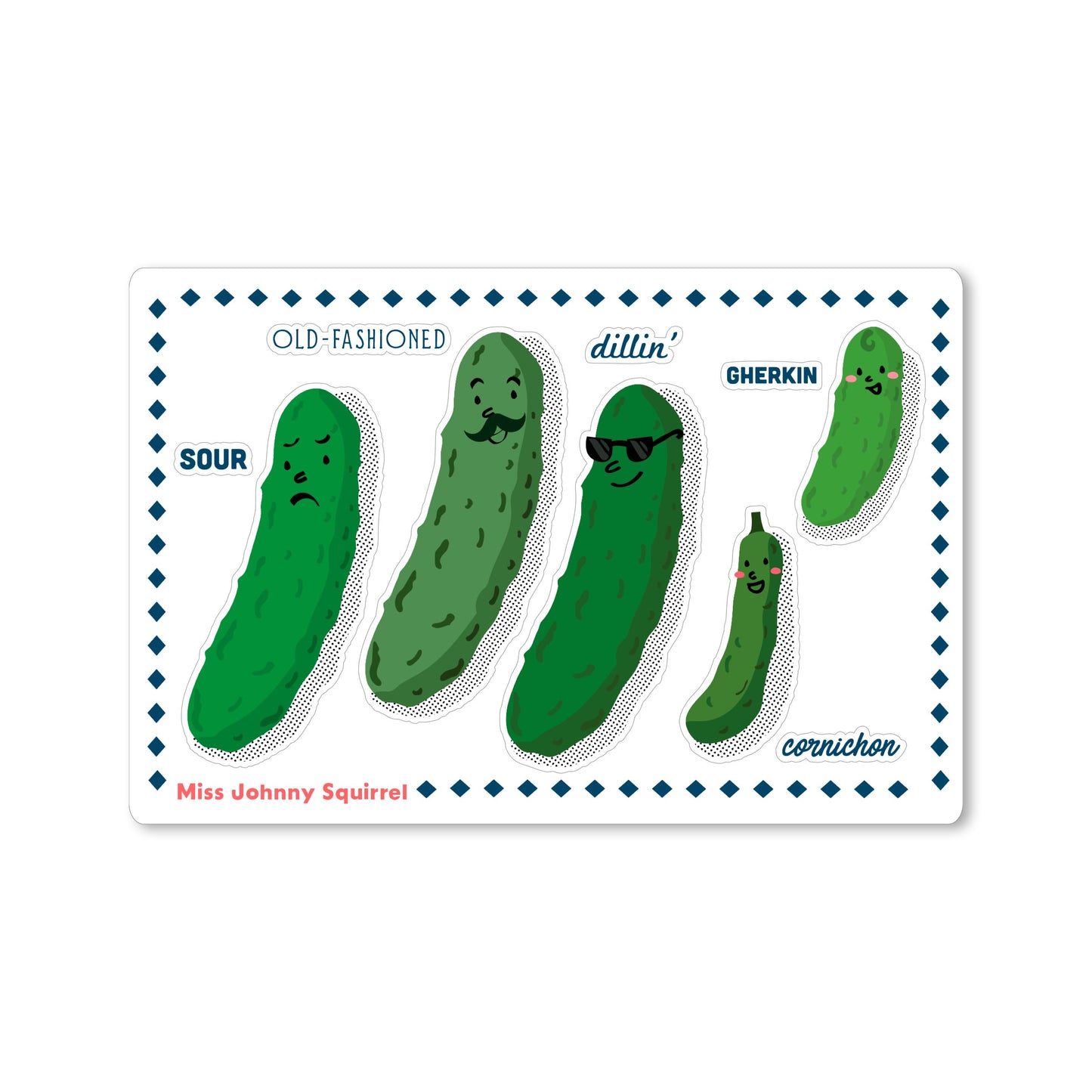 Pickle sticker sheet with five illustrated pickle characters and labels: sour, old-fashioned, dillin’, gherkin, and cornichon.