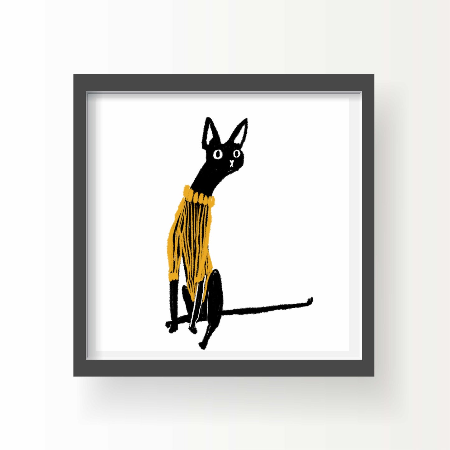 Illustrated art print of a tall black cat with wide eyes, wearing a mustard yellow sweater, sitting upright with an awkward, curious posture on a white background.