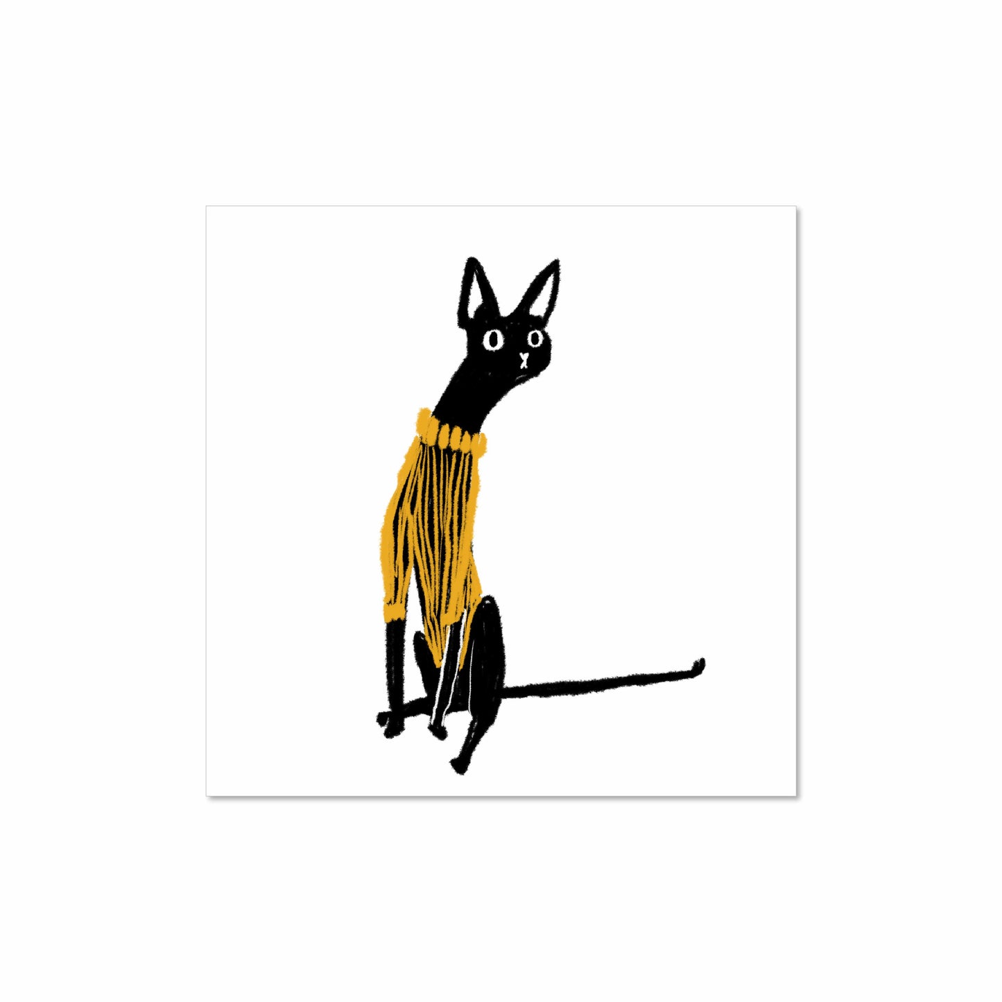 Illustrated art print of a tall black cat with wide eyes, wearing a mustard yellow sweater, sitting upright with an awkward, curious posture on a white background.