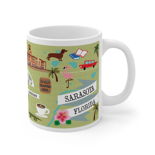 Illustrated Sarasota Florida ceramic mug with coastal icons and city landmarks