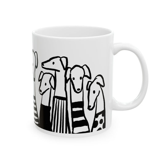 Ceramic mug with whimsical black-and-white greyhound illustrations, dog lover gift
