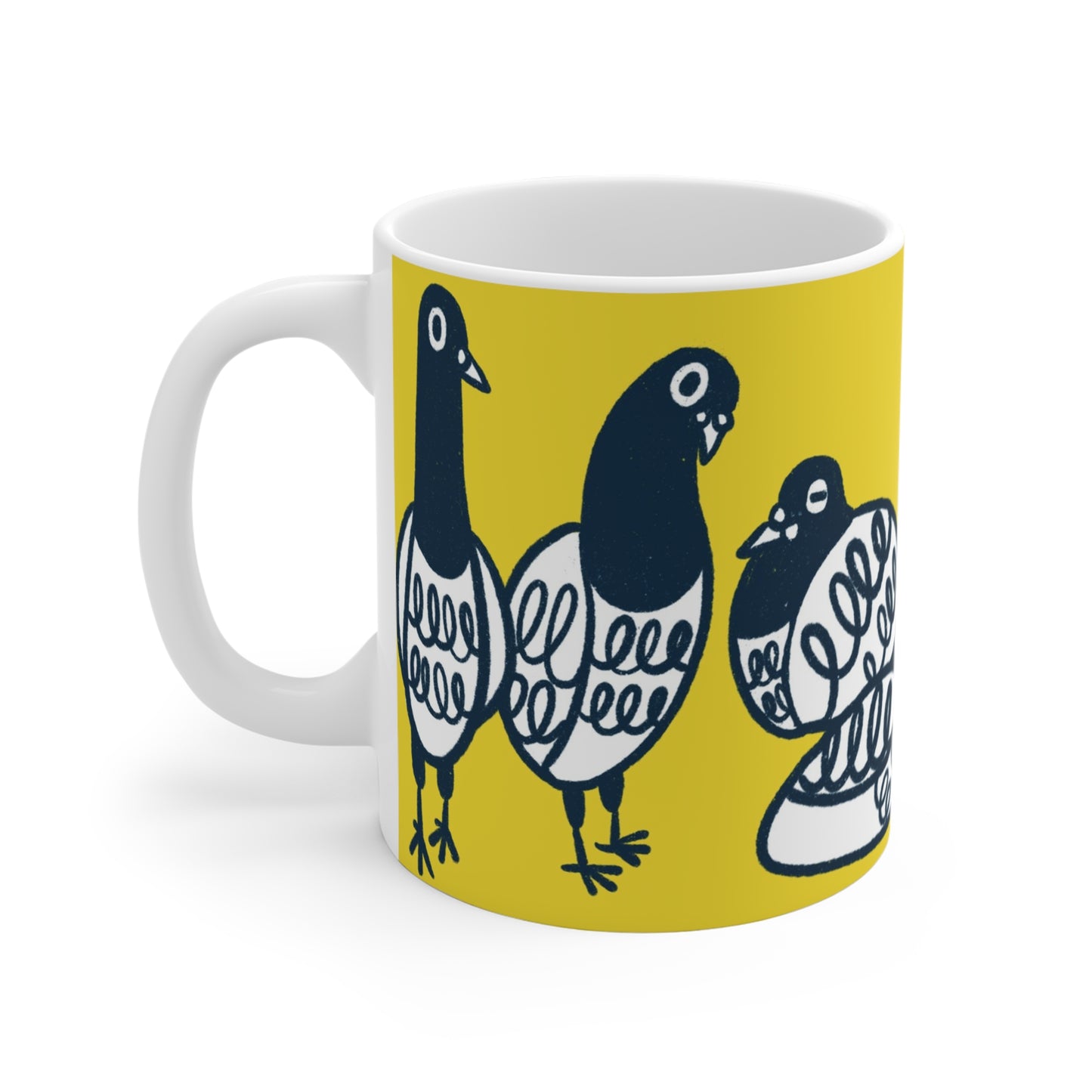 Pigeon Squad 11oz Ceramic Mug — Playful Yellow Bird Design