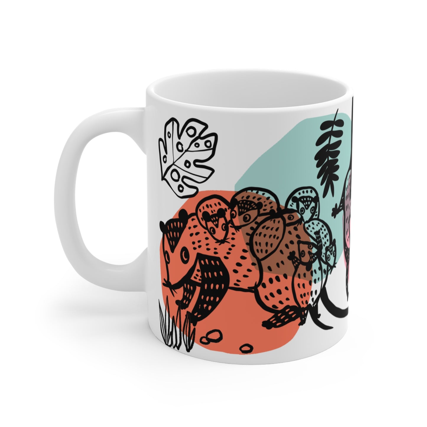 White ceramic mug with illustrated opossums, surrounded by colorful abstract shapes