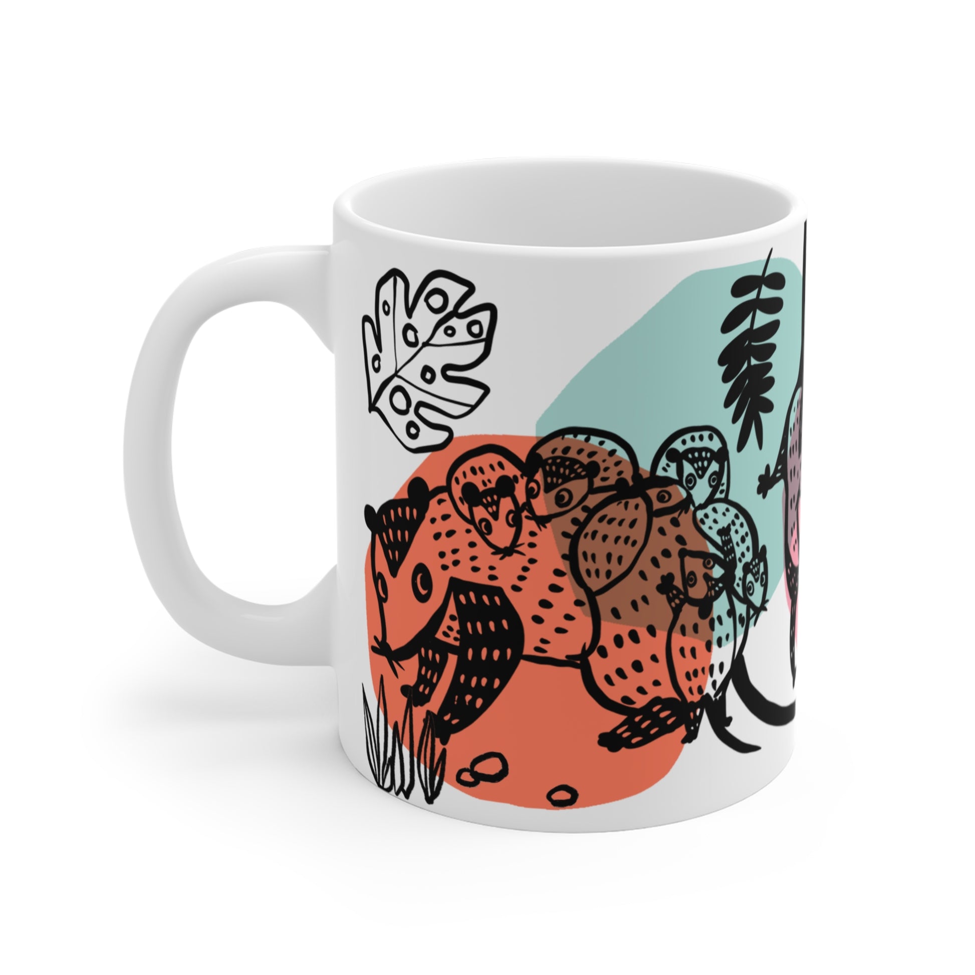 White ceramic mug with illustrated opossums, surrounded by colorful abstract shapes