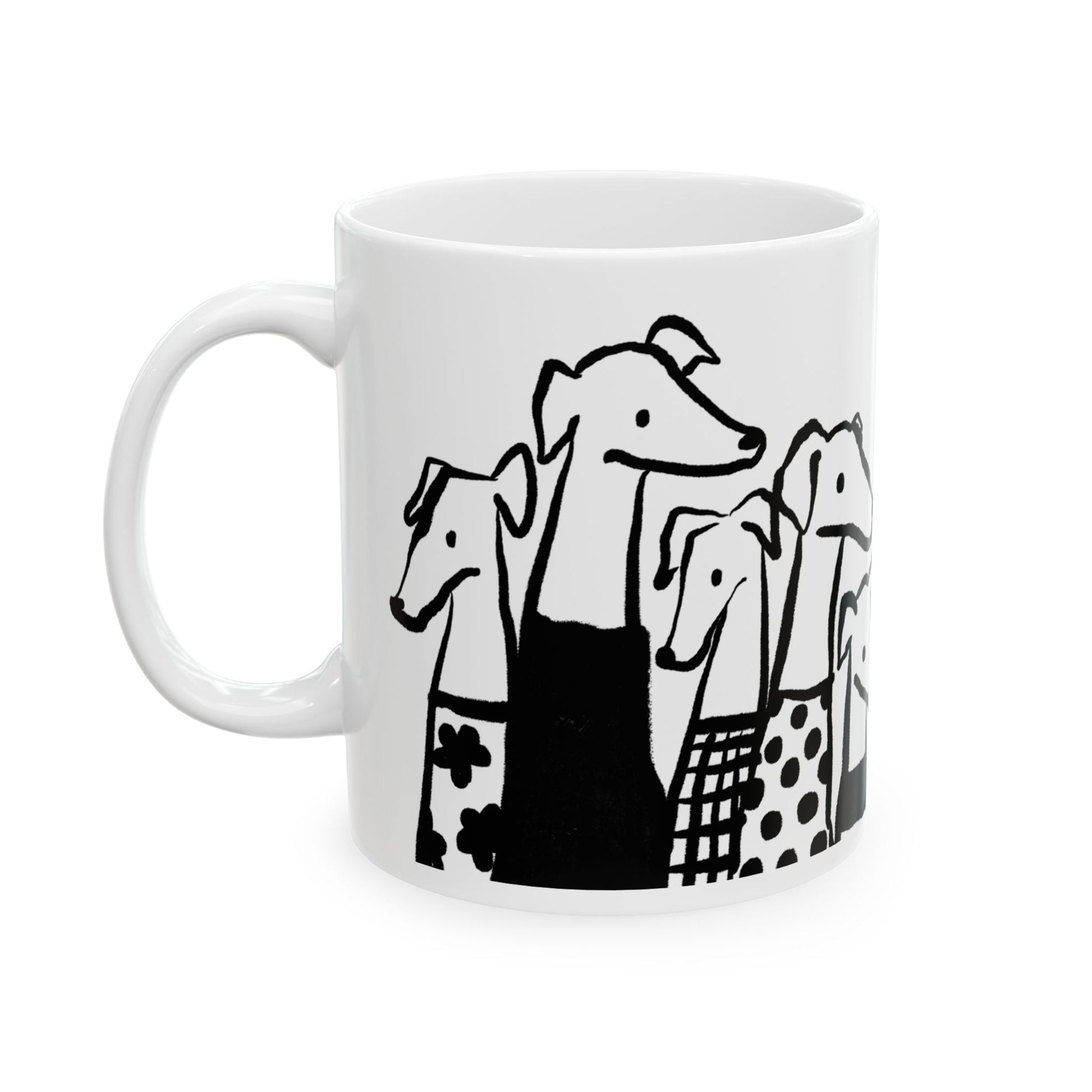 Ceramic mug with whimsical black-and-white greyhound illustrations, dog lover gift