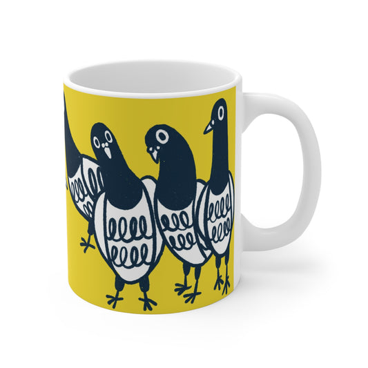 Pigeon Squad 11oz Ceramic Mug — Playful Yellow Bird Design
