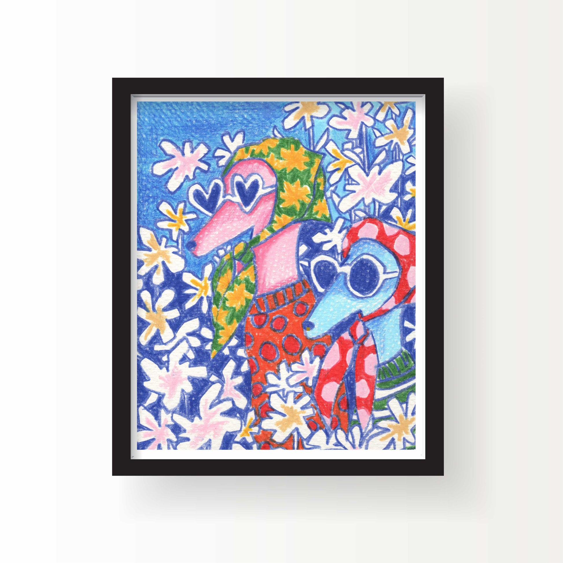 Colorful art print of two fashionably dressed dogs wearing heart-shaped sunglasses and patterned scarves, surrounded by stylized white and yellow flowers.