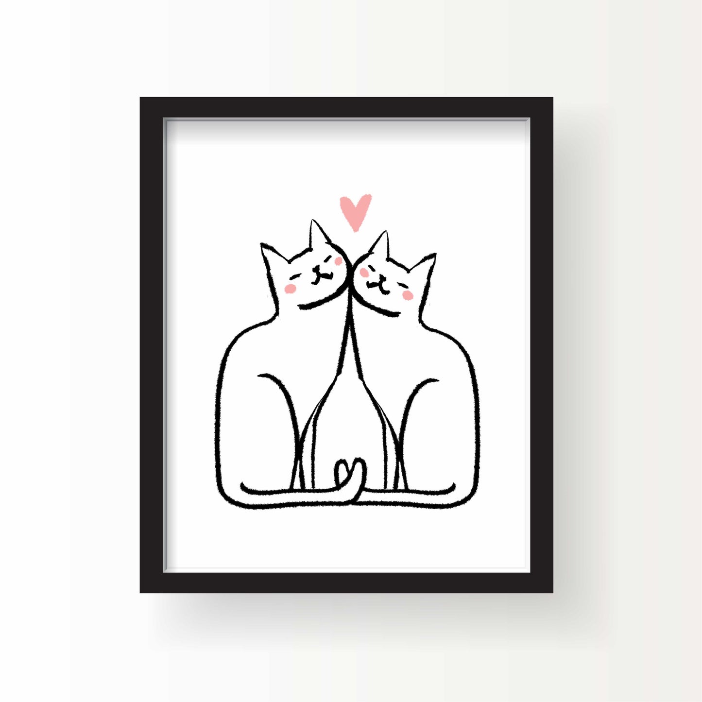 Minimalist illustration of two white cats nuzzling with tails curled together and a pink heart above them, 8x10 art print by Miss Johnny Squirrel