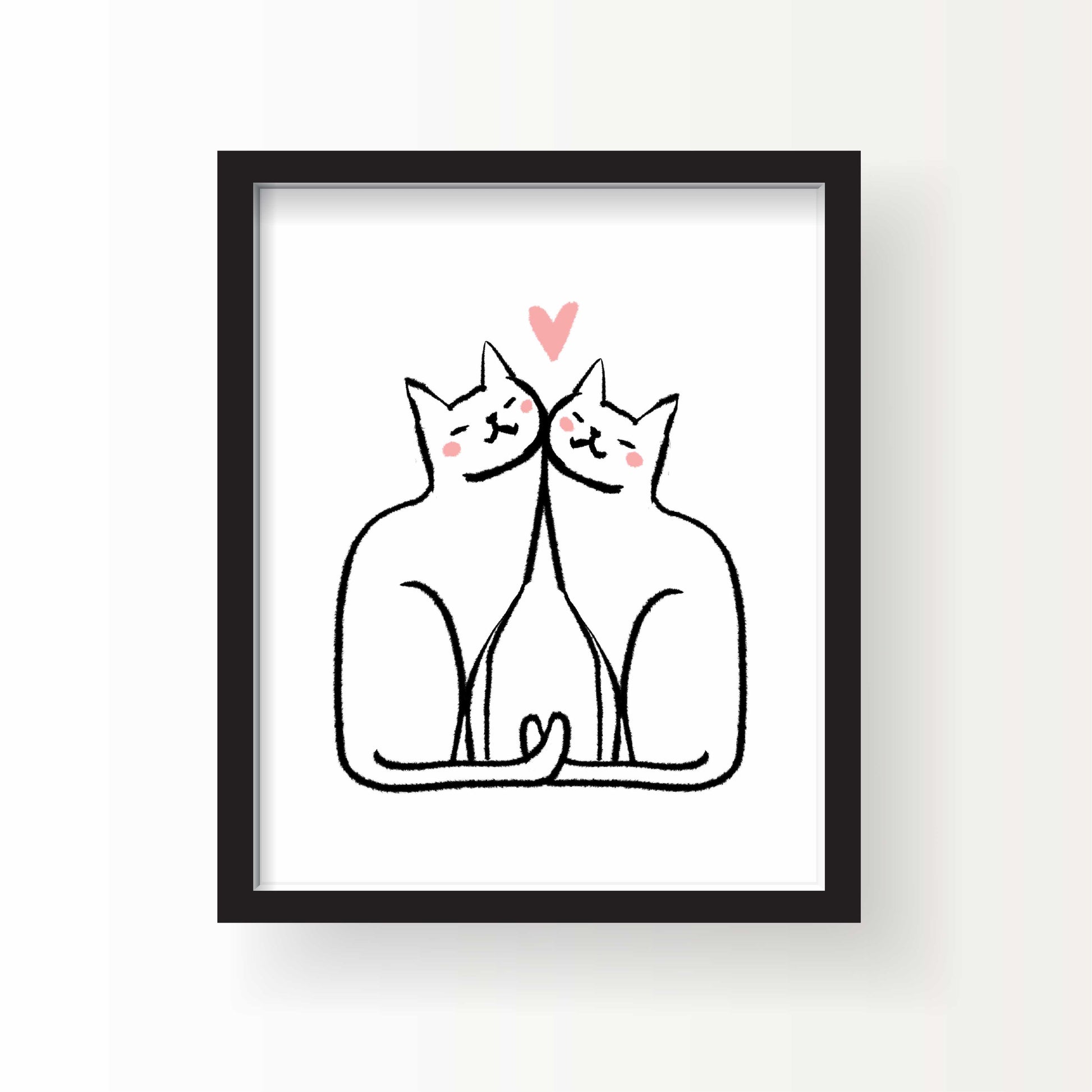 Minimalist illustration of two white cats nuzzling with tails curled together and a pink heart above them, 8x10 art print by Miss Johnny Squirrel