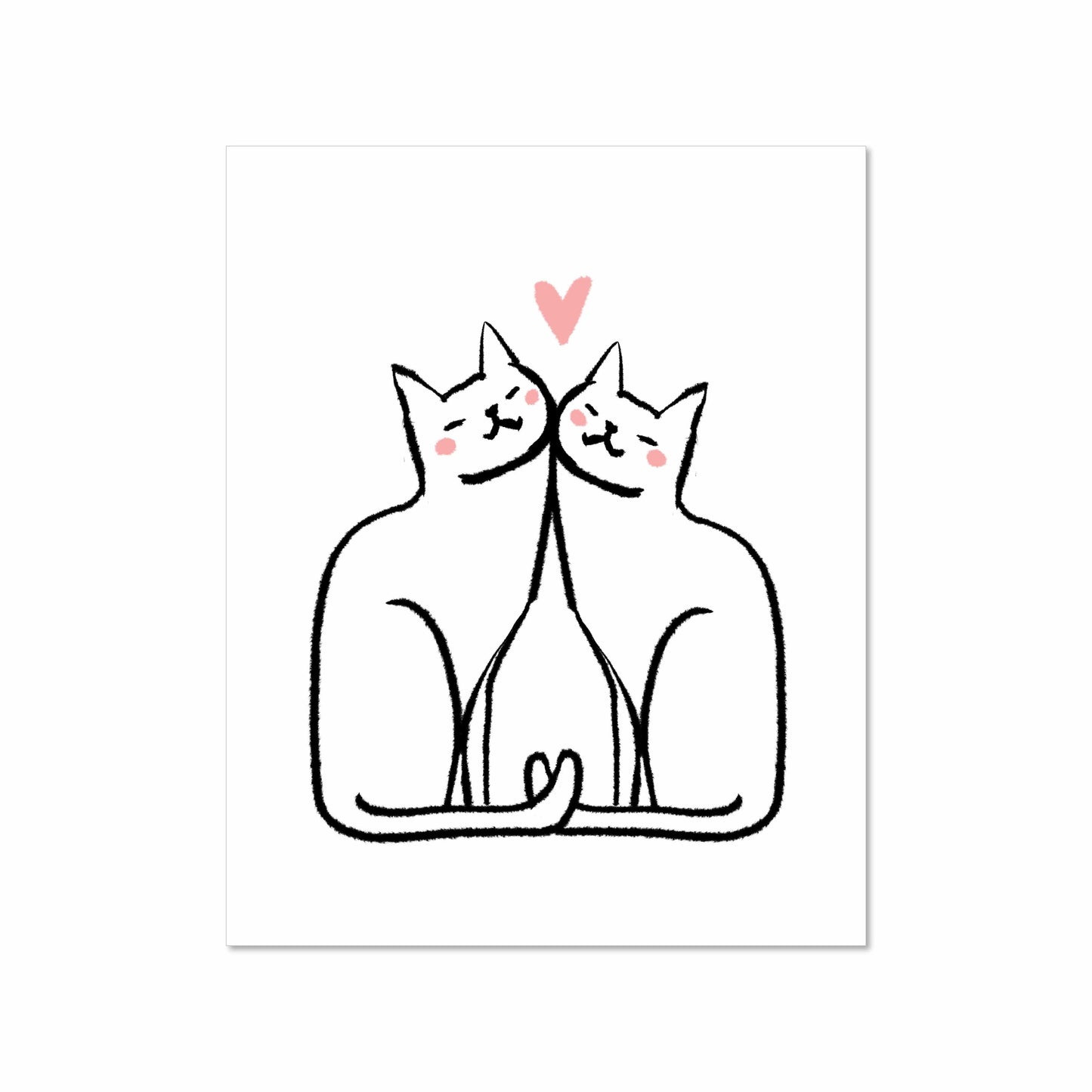 Minimalist illustration of two white cats nuzzling with tails curled together and a pink heart above them, 8x10 art print by Miss Johnny Squirrel
