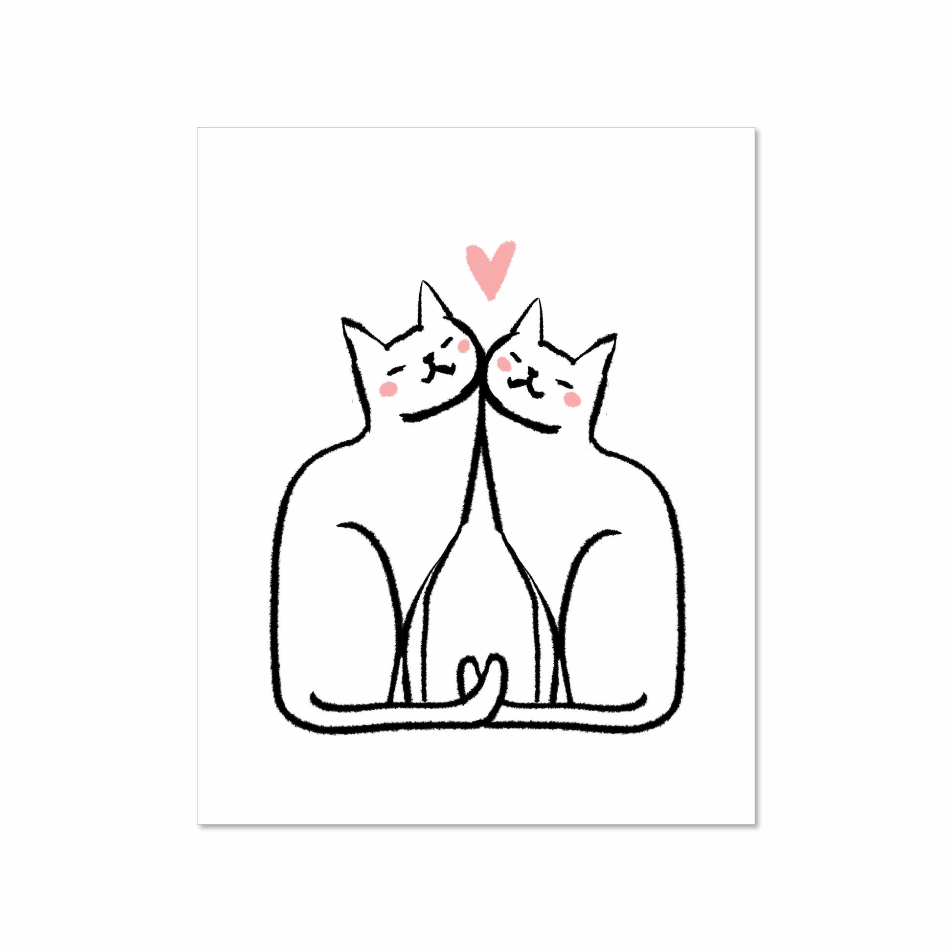 Minimalist illustration of two white cats nuzzling with tails curled together and a pink heart above them, 8x10 art print by Miss Johnny Squirrel