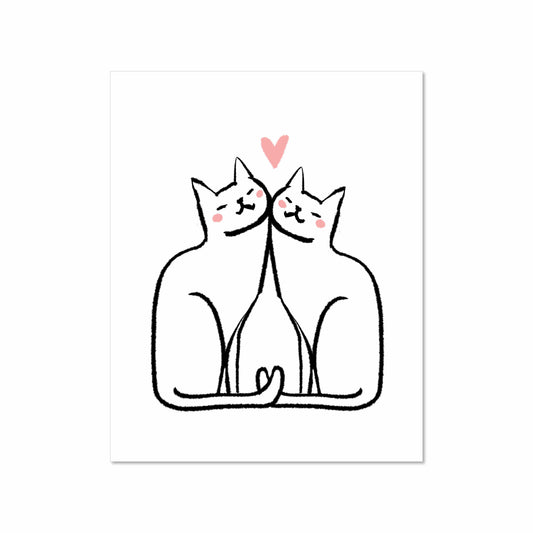 Minimalist illustration of two white cats nuzzling with tails curled together and a pink heart above them, 8x10 art print by Miss Johnny Squirrel