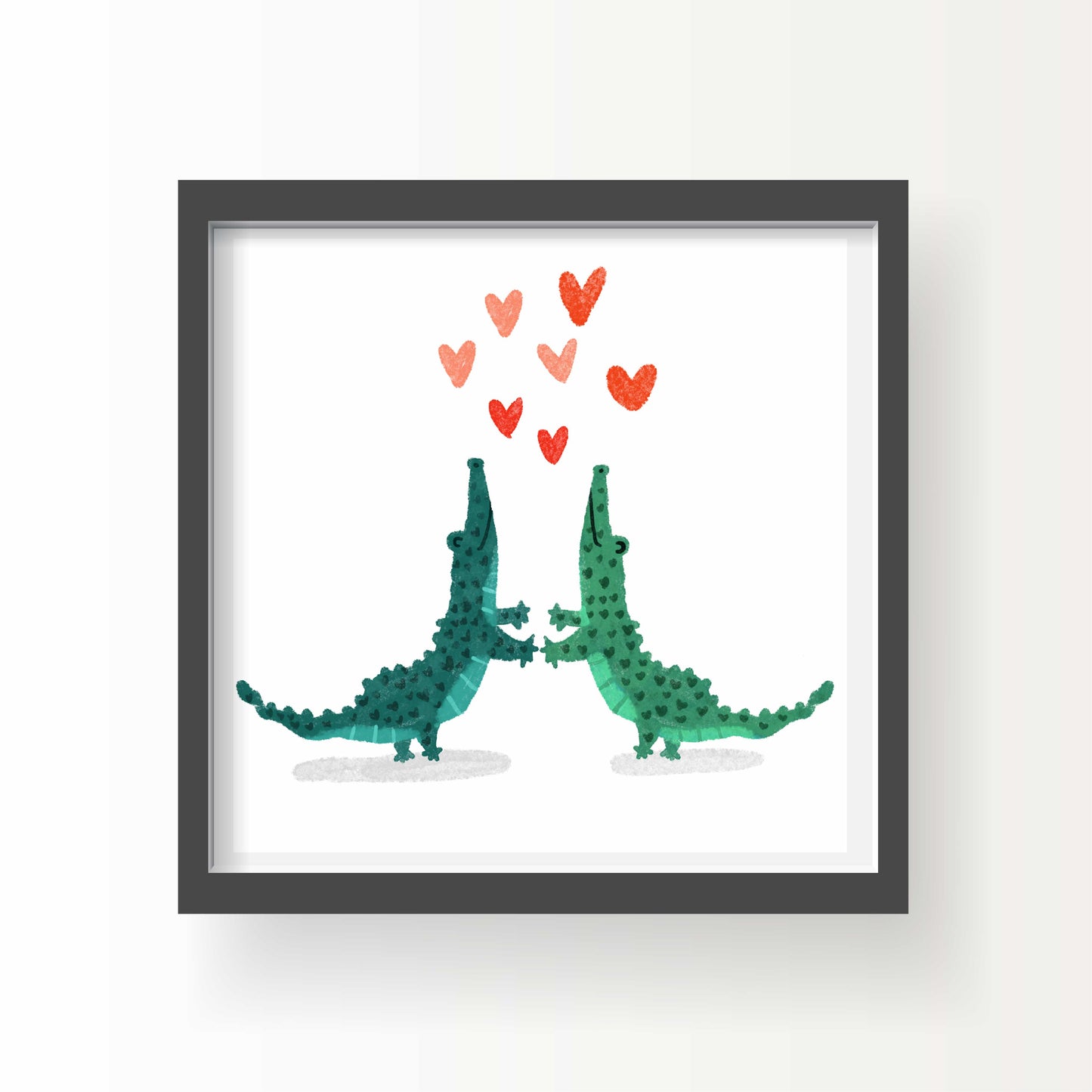 Two green cartoon alligators holding hands under floating red hearts, illustrated art print by Miss Johnny Squirrel on white background