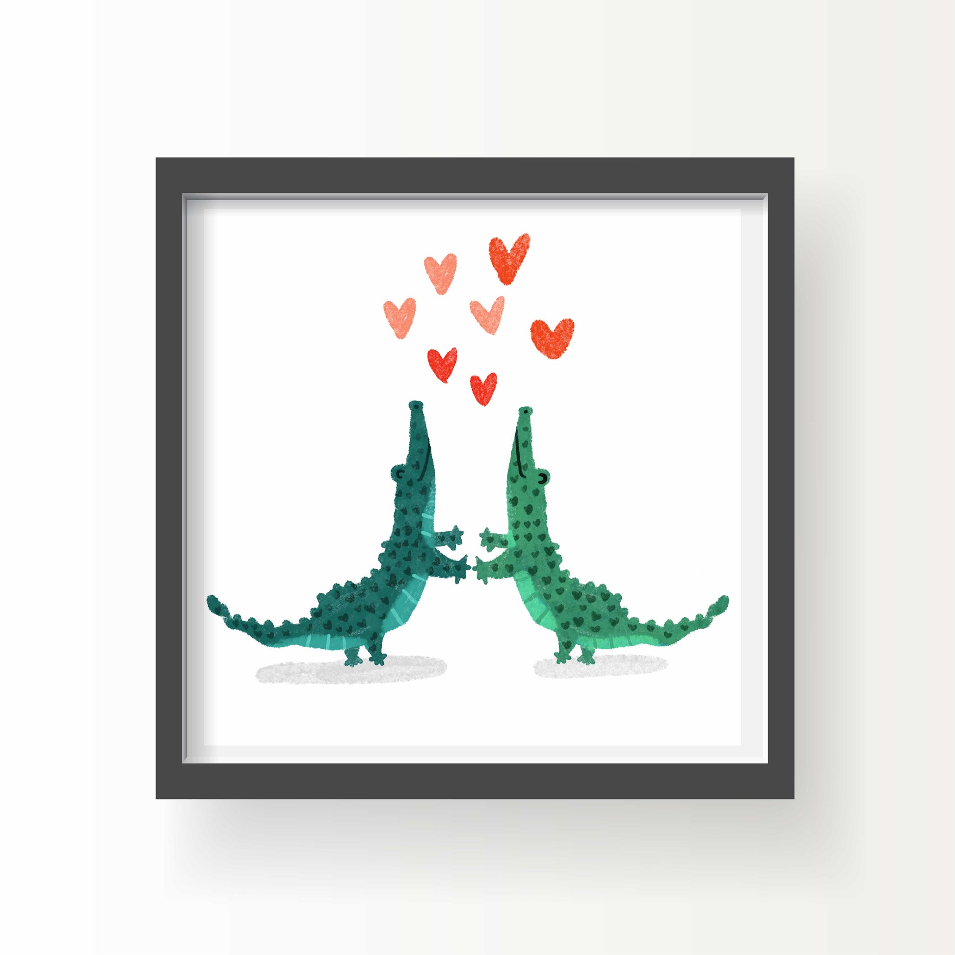 Two green cartoon alligators holding hands under floating red hearts, illustrated art print by Miss Johnny Squirrel on white background