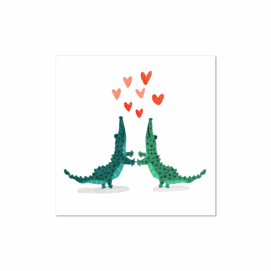 Two green cartoon alligators holding hands under floating red hearts, illustrated art print by Miss Johnny Squirrel on white background