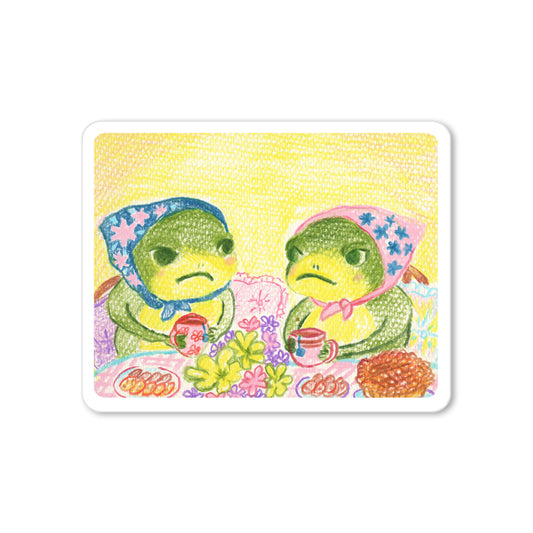 Illustrated sticker of two frogs in headscarves drinking tea with serious expressions, whimsical and colorful design.