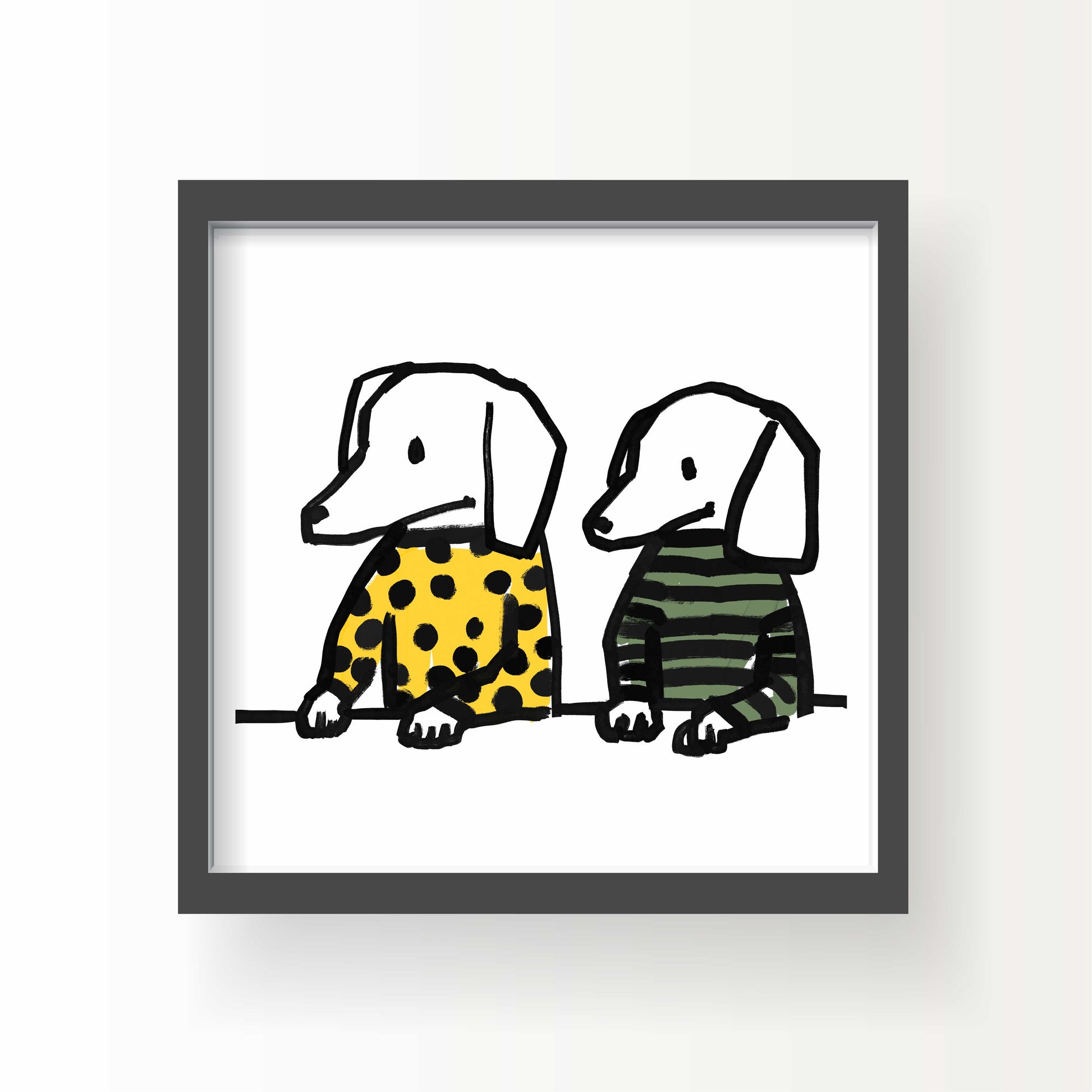 Illustrated art print of two white dogs sitting side by side in a yellow polka-dot sweater and green striped sweater, 8x8 by Miss Johnny Squirrel