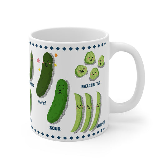 Ceramic mug with illustrated pickles showing sweet, sour, and bread-and-butter varieties, playful food art design