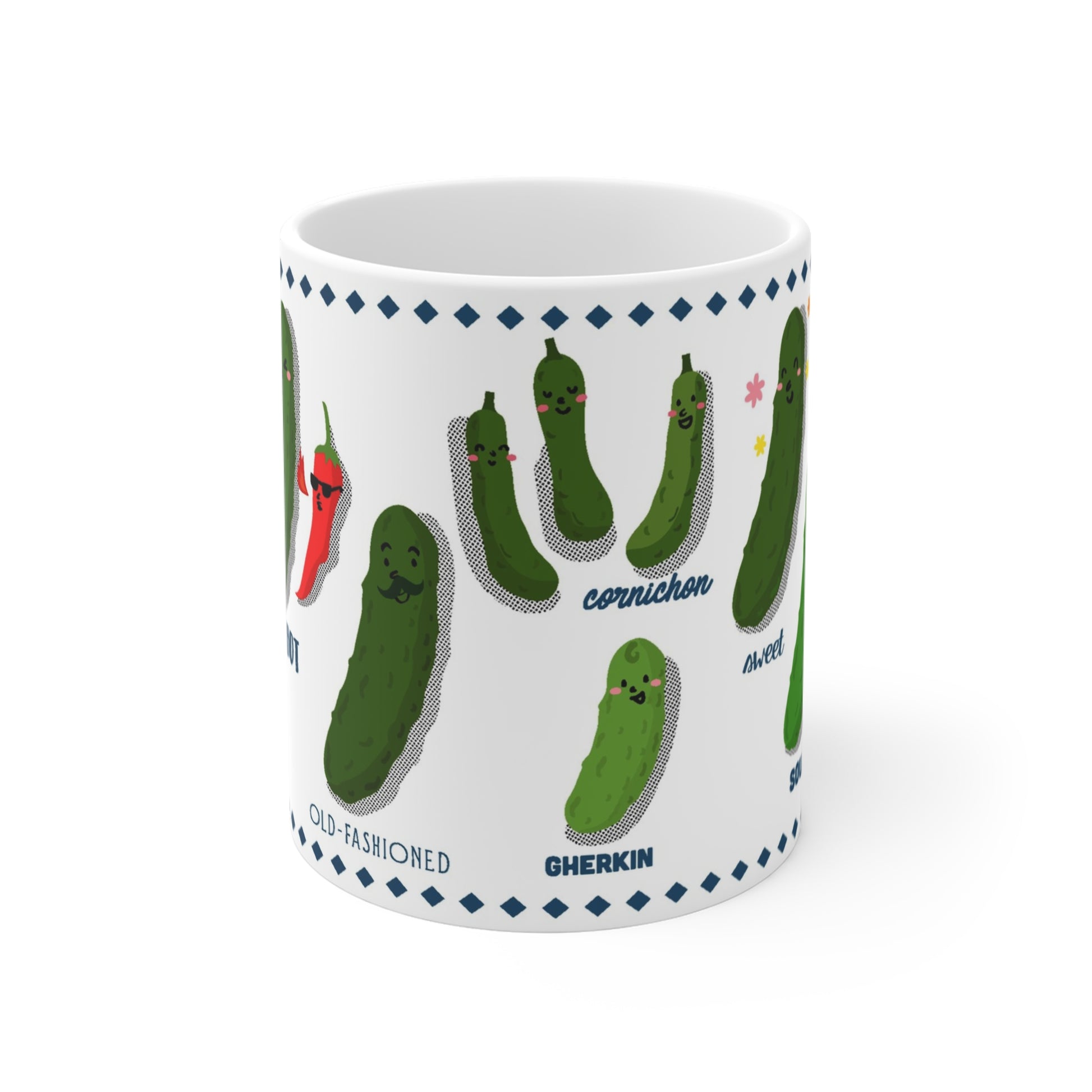 Ceramic mug with illustrated pickles showing sweet, sour, and bread-and-butter varieties, playful food art design
