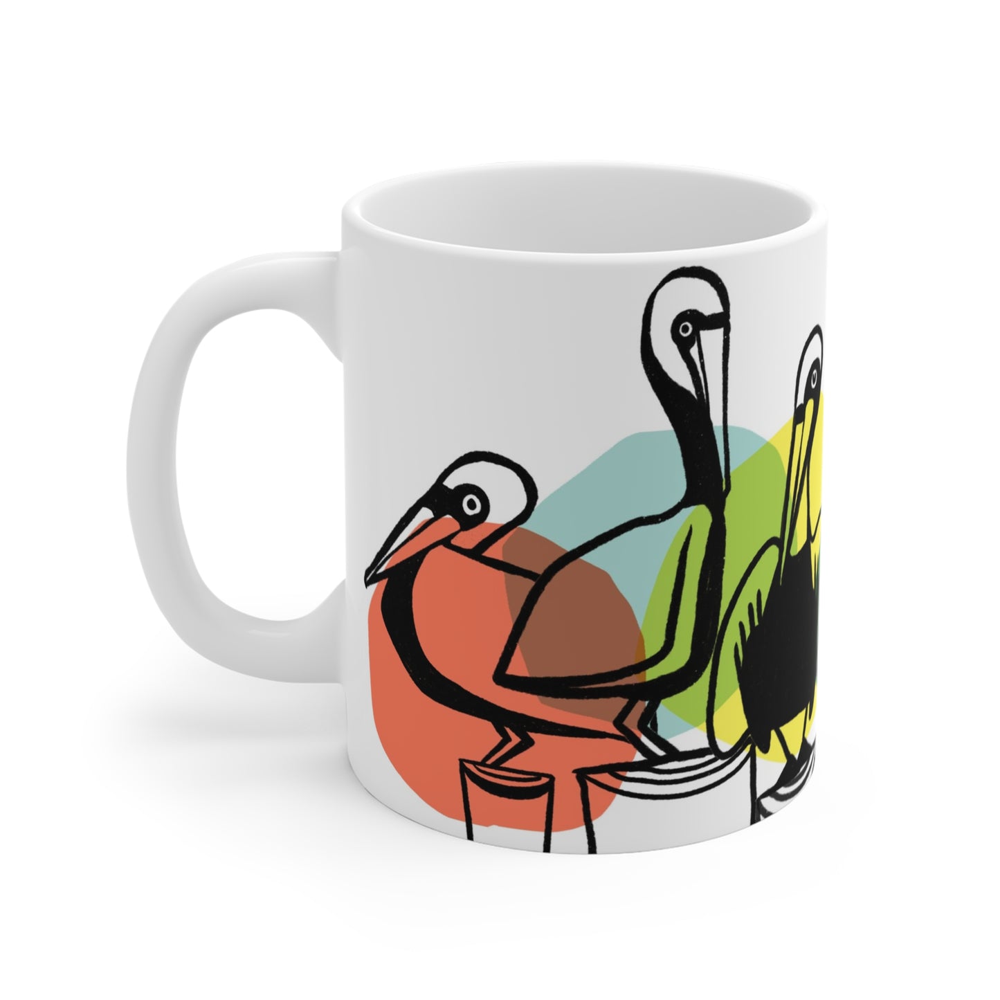 White ceramic mug featuring illustrated pelicans lined up on pilings with colorful abstract shapes behind them