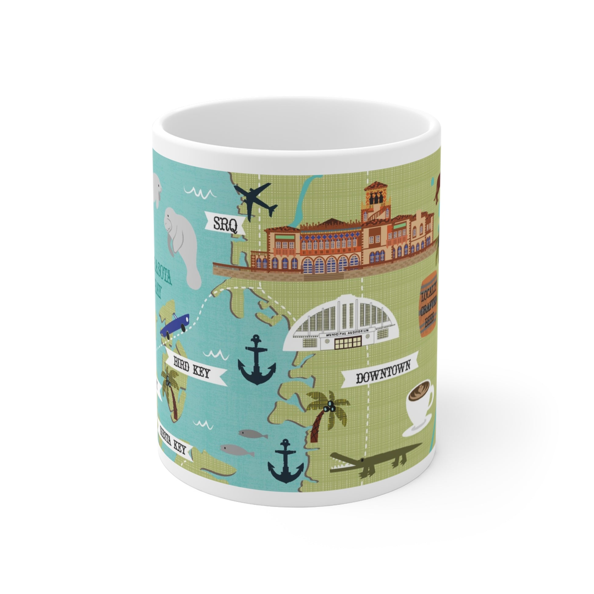 Illustrated Sarasota Florida ceramic mug with coastal icons and city landmarks