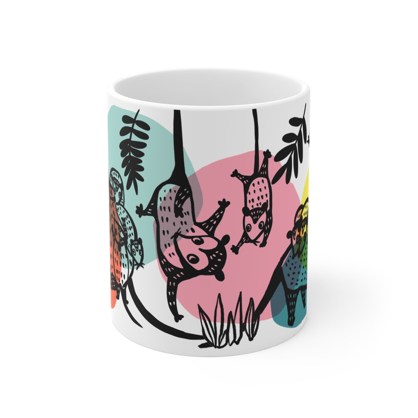 White ceramic mug with illustrated opossums, surrounded by colorful abstract shapes