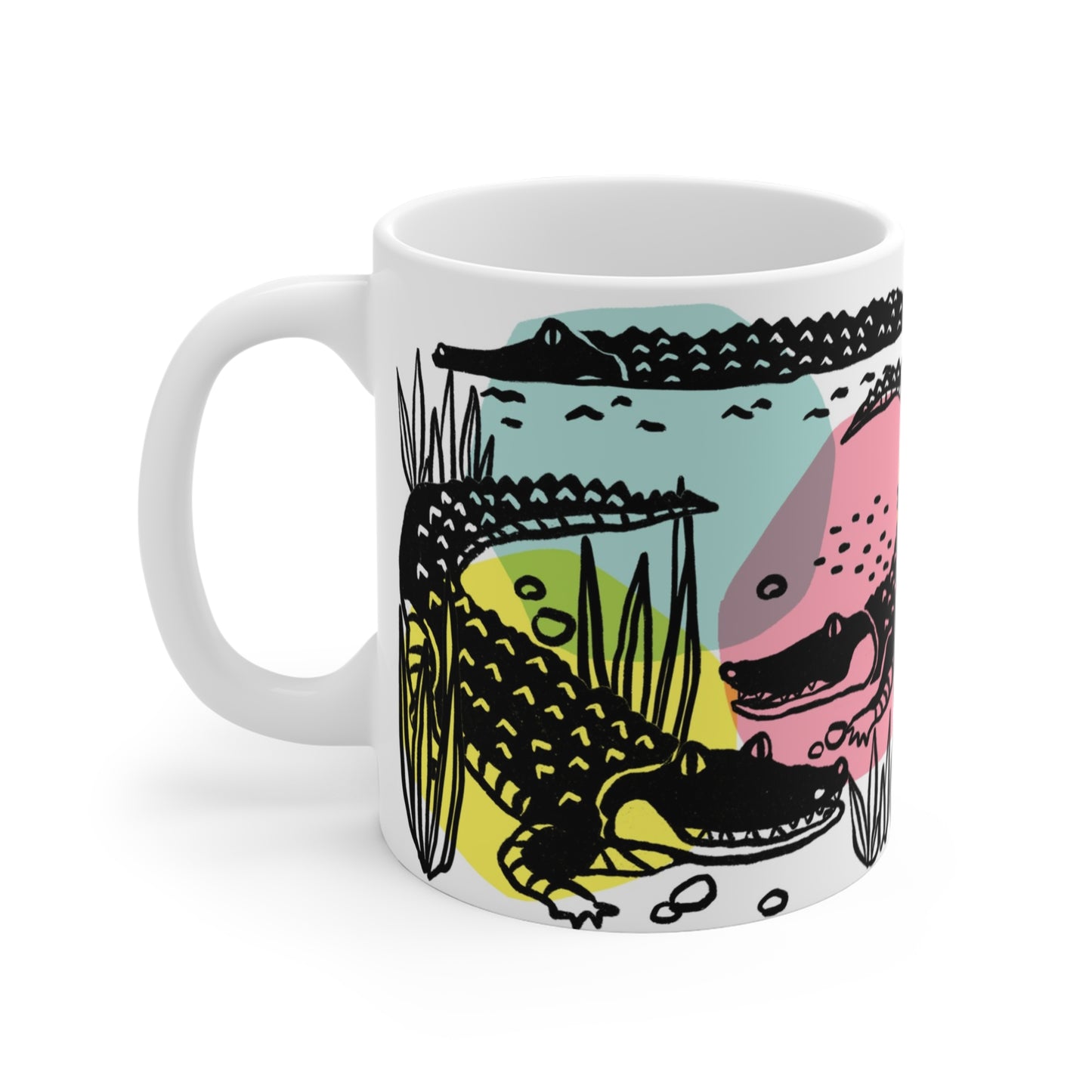 Vibrant ceramic mug featuring whimsical alligator illustration with colorful retro-style swamp design.