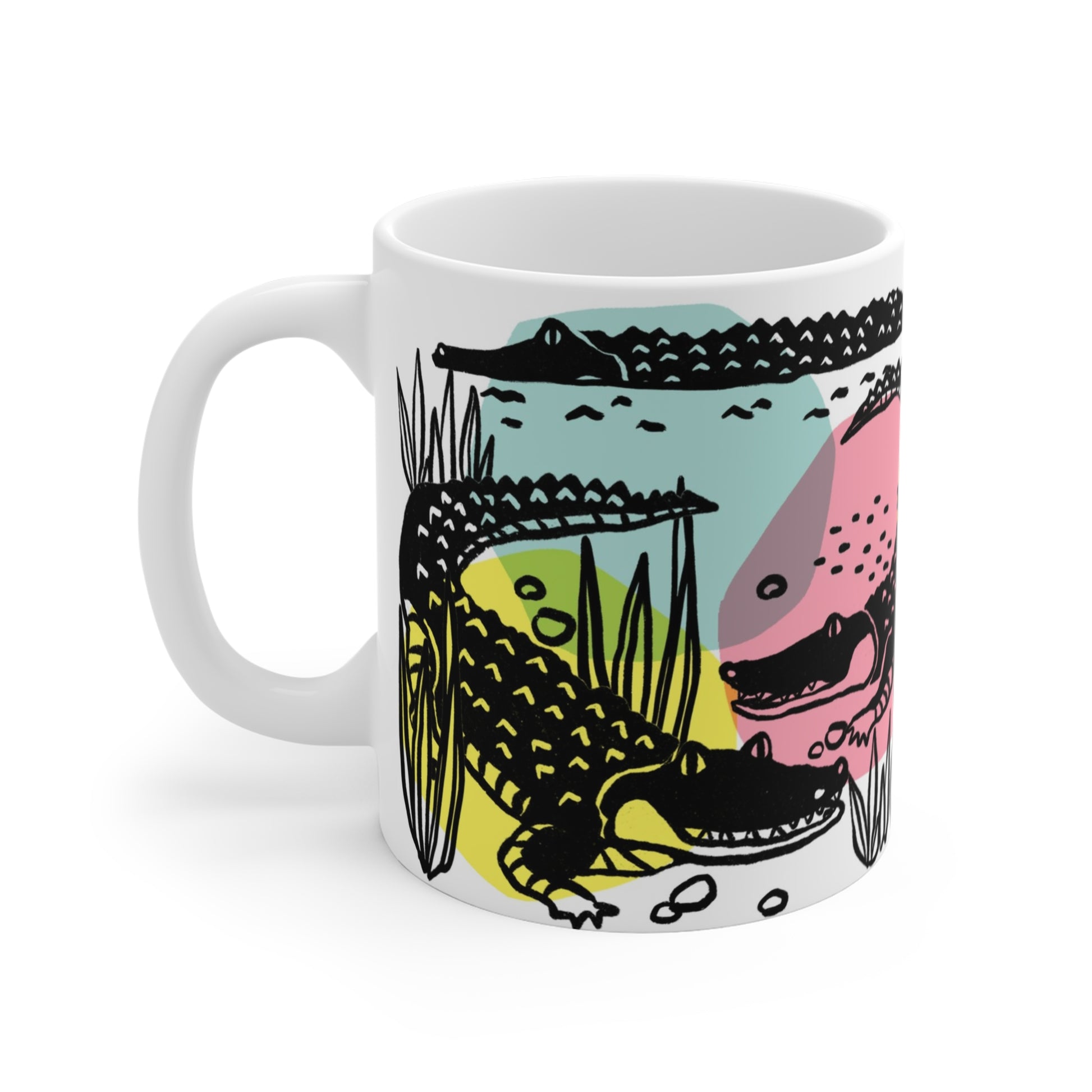 Vibrant ceramic mug featuring whimsical alligator illustration with colorful retro-style swamp design.