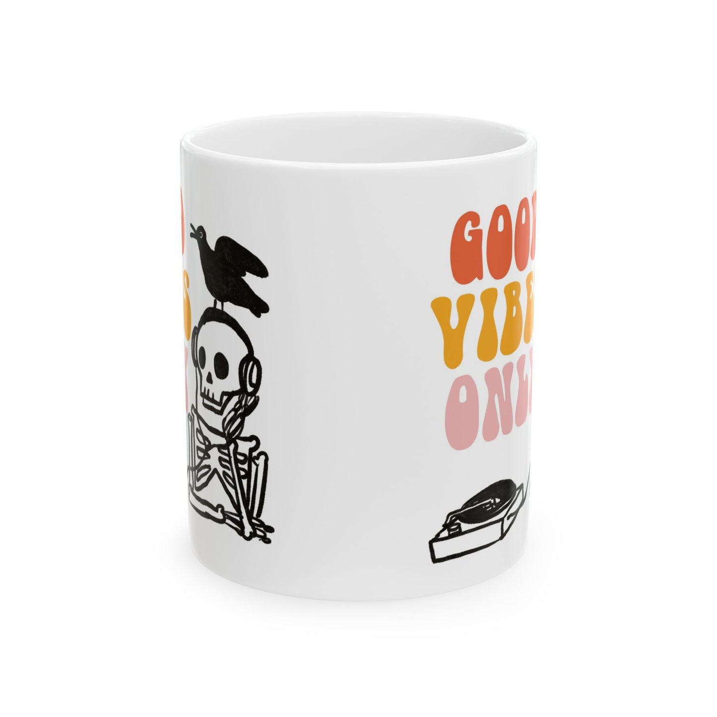 White ceramic mug featuring a skeleton DJ with headphones, a bird on its head, and retro text reading “Good Vibes Only.”