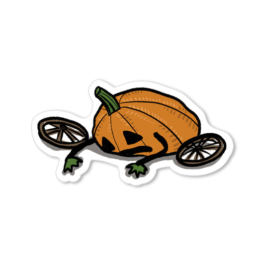 Sticker of a tired pumpkin with jack-o’-lantern face, collapsed with broken carriage wheels, humorous autumn design.