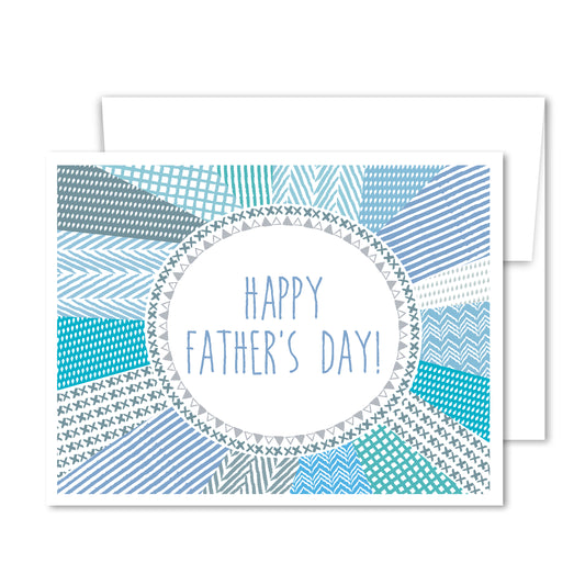 Happy Father’s Day greeting card with hand-drawn blue patchwork patterns in a whimsical illustrated style.