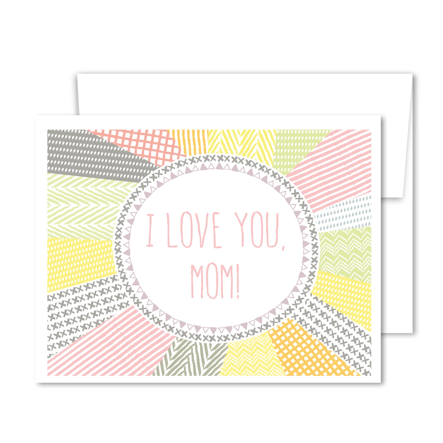 Whimsical illustrated Mother’s Day card with pastel patchwork patterns and “I Love You, Mom!” in the center.