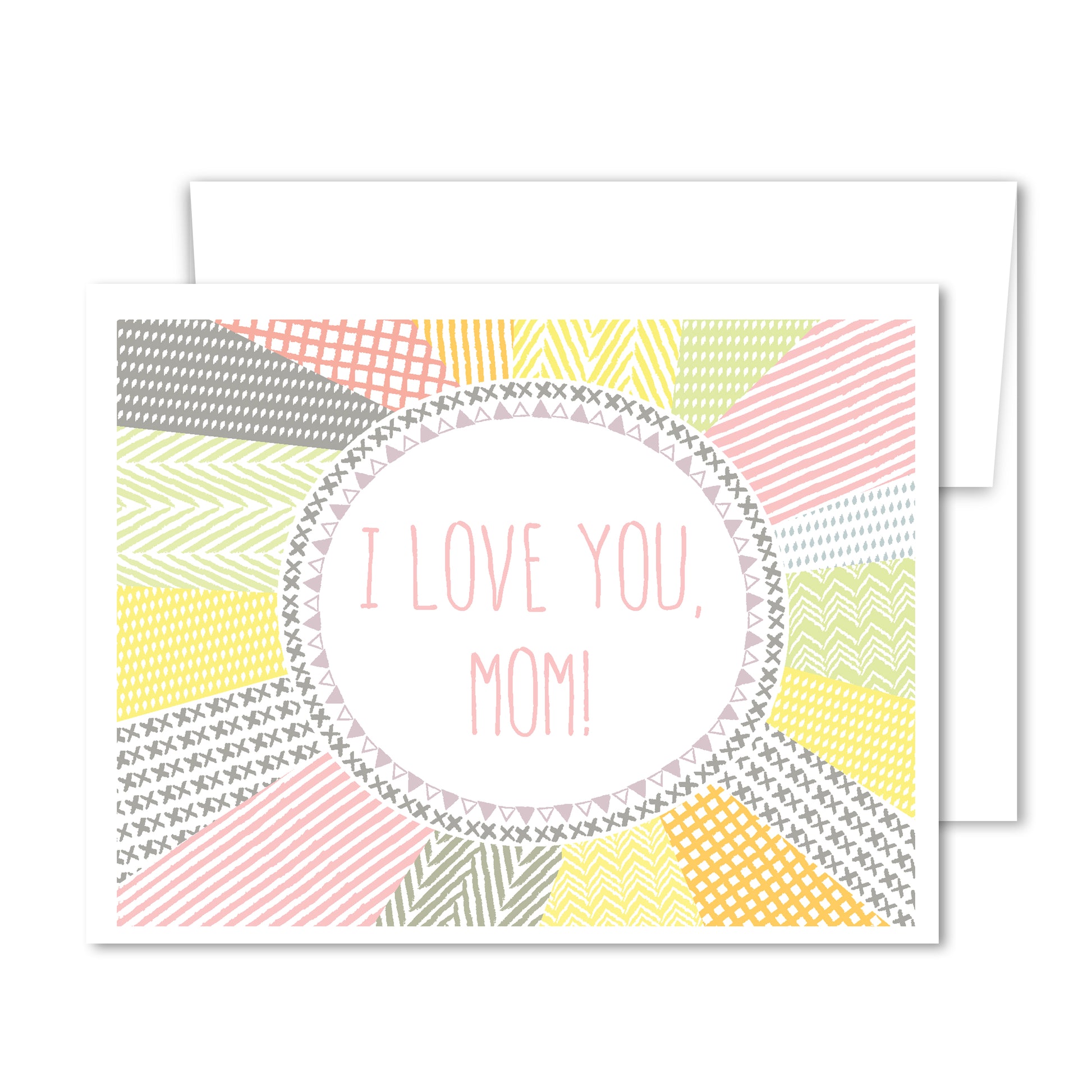 Whimsical illustrated Mother’s Day card with pastel patchwork patterns and “I Love You, Mom!” in the center.