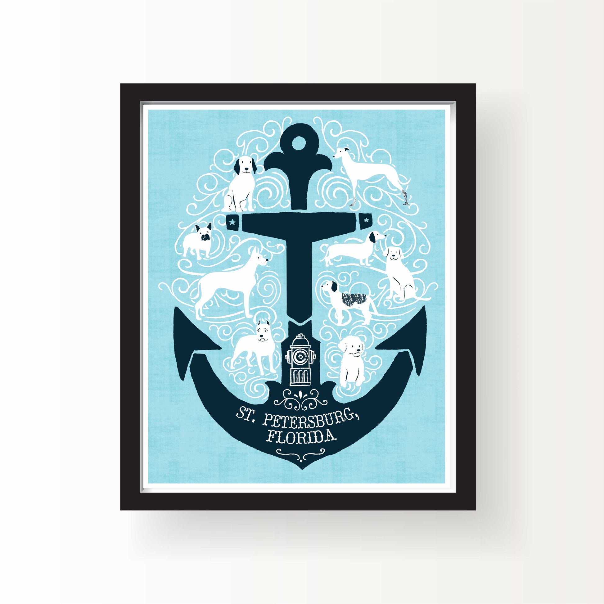 Illustration of a navy anchor filled with white dogs, swirly waves, and the text “St. Petersburg, Florida” on a light blue background.