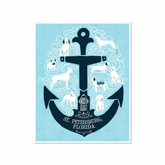 Illustration of a navy anchor filled with white dogs, swirly waves, and the text “St. Petersburg, Florida” on a light blue background.