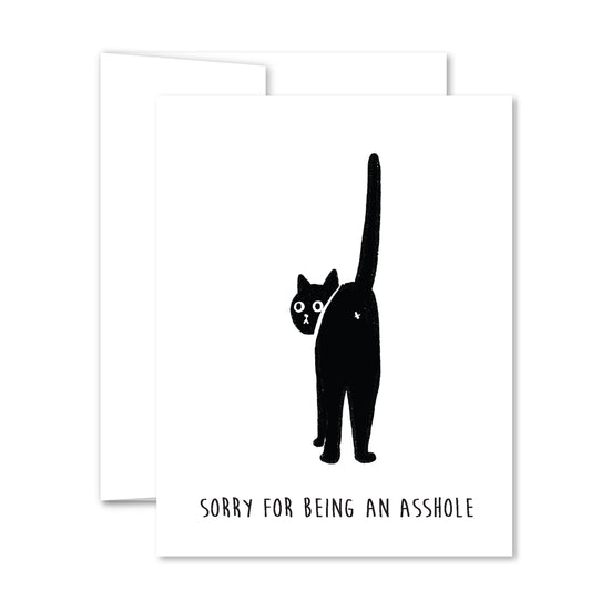 Humorous black cat apology greeting card with bold illustration and cheeky message.