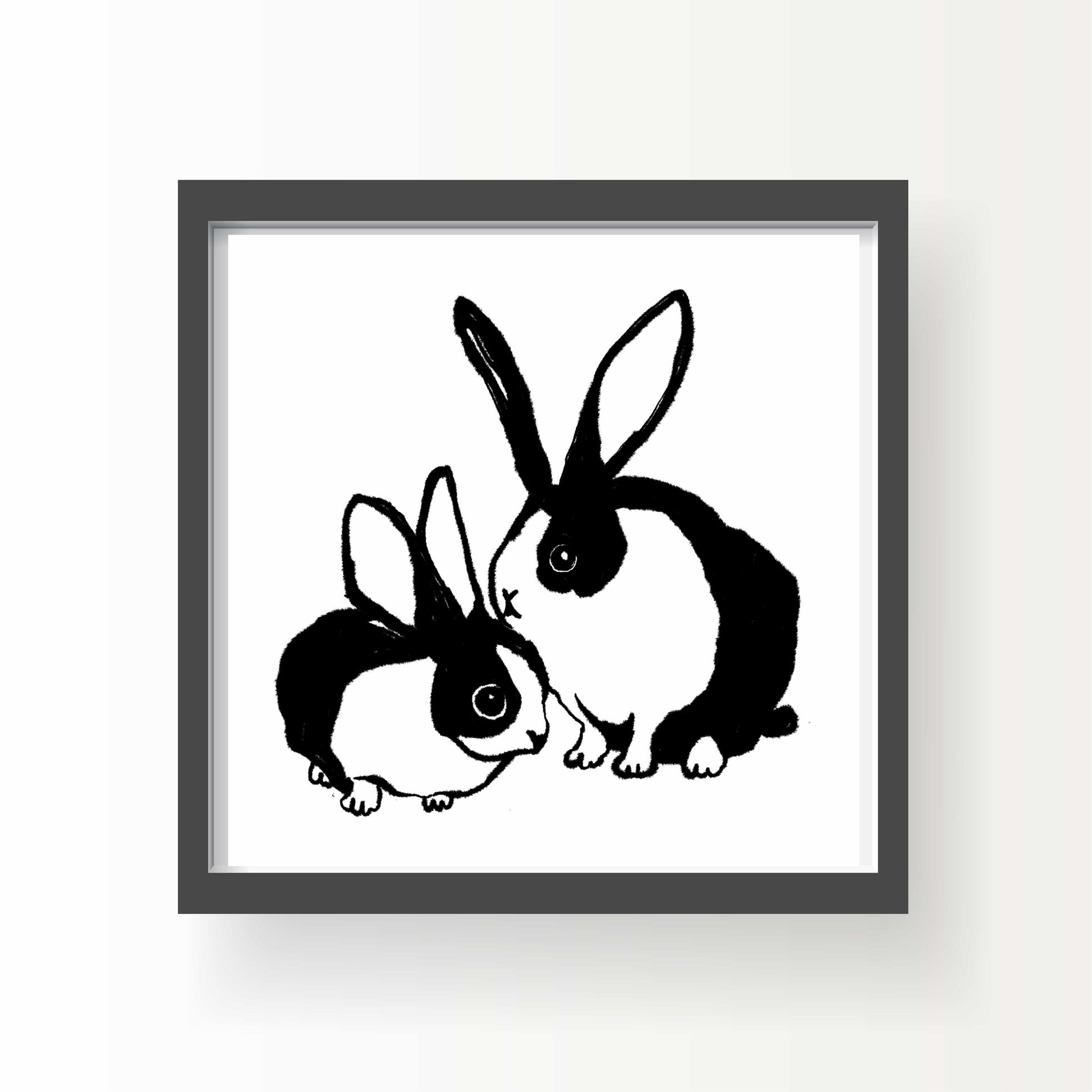 Black and white illustration of two Dutch rabbits in a tender, affectionate pose – minimalist 8x8 animal art print by Miss Johnny Squirrel