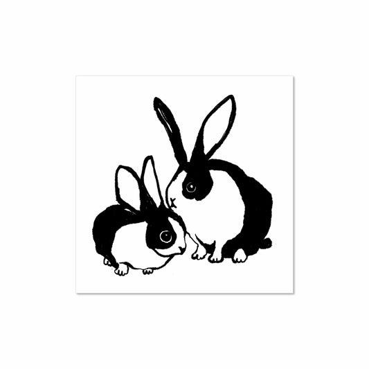 Black and white illustration of two Dutch rabbits in a tender, affectionate pose – minimalist 8x8 animal art print by Miss Johnny Squirrel