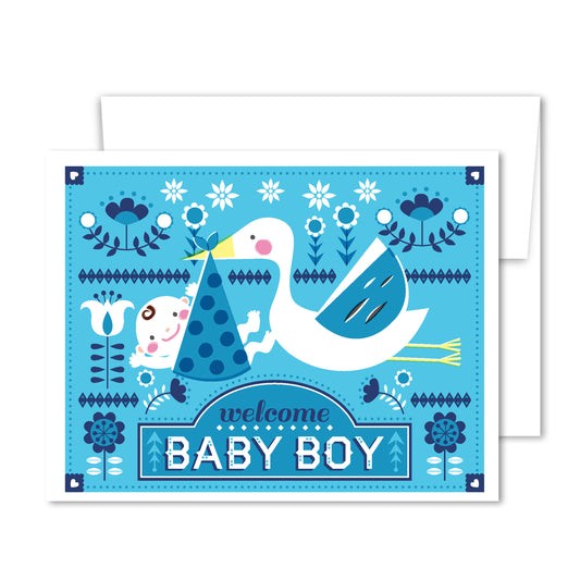 Welcome baby boy greeting card with blue folk art stork carrying swaddled newborn illustration