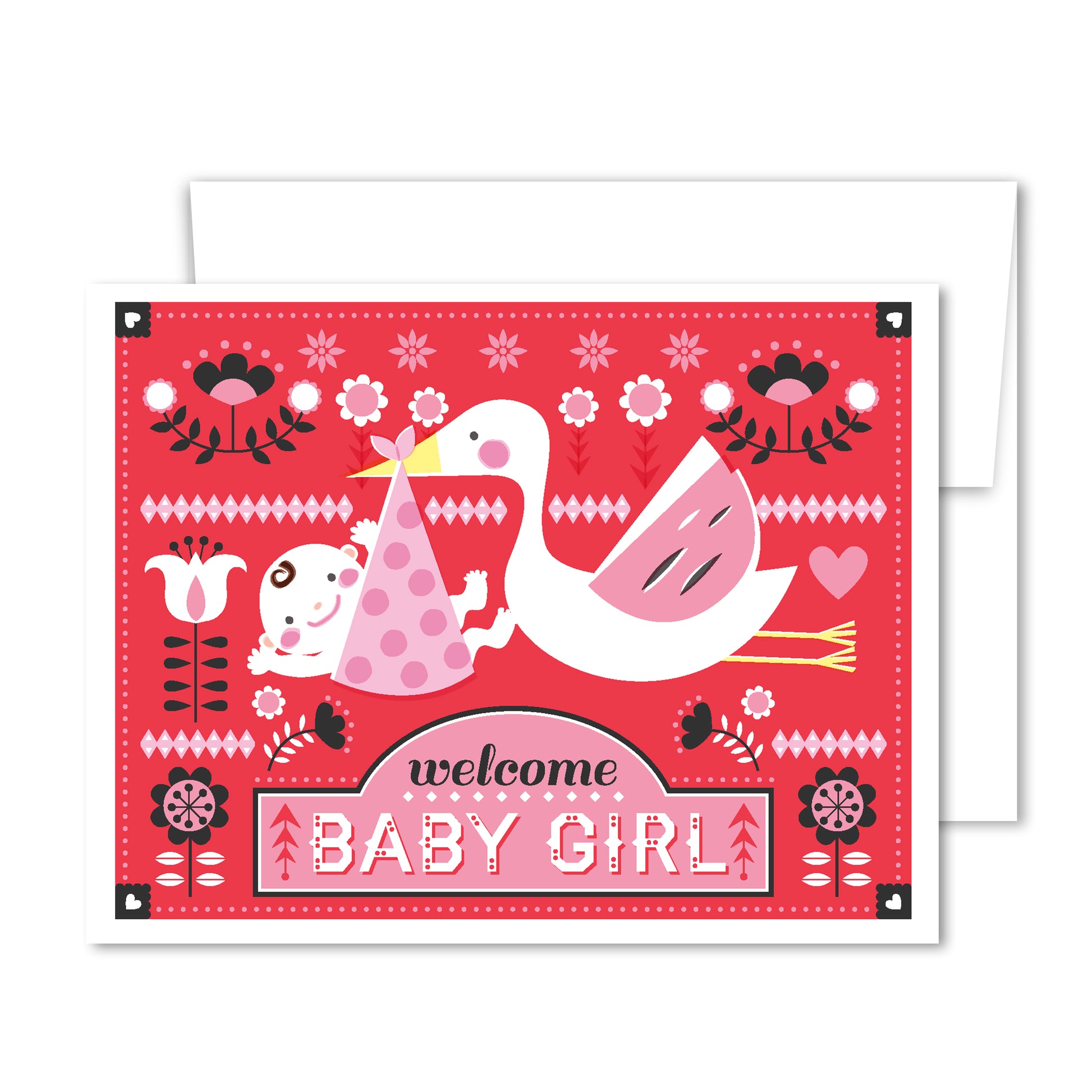Welcome baby girl greeting card with pink folk art stork carrying swaddled newborn illustration