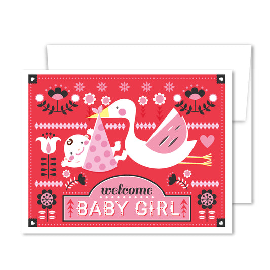 Welcome baby girl greeting card with pink folk art stork carrying swaddled newborn illustration
