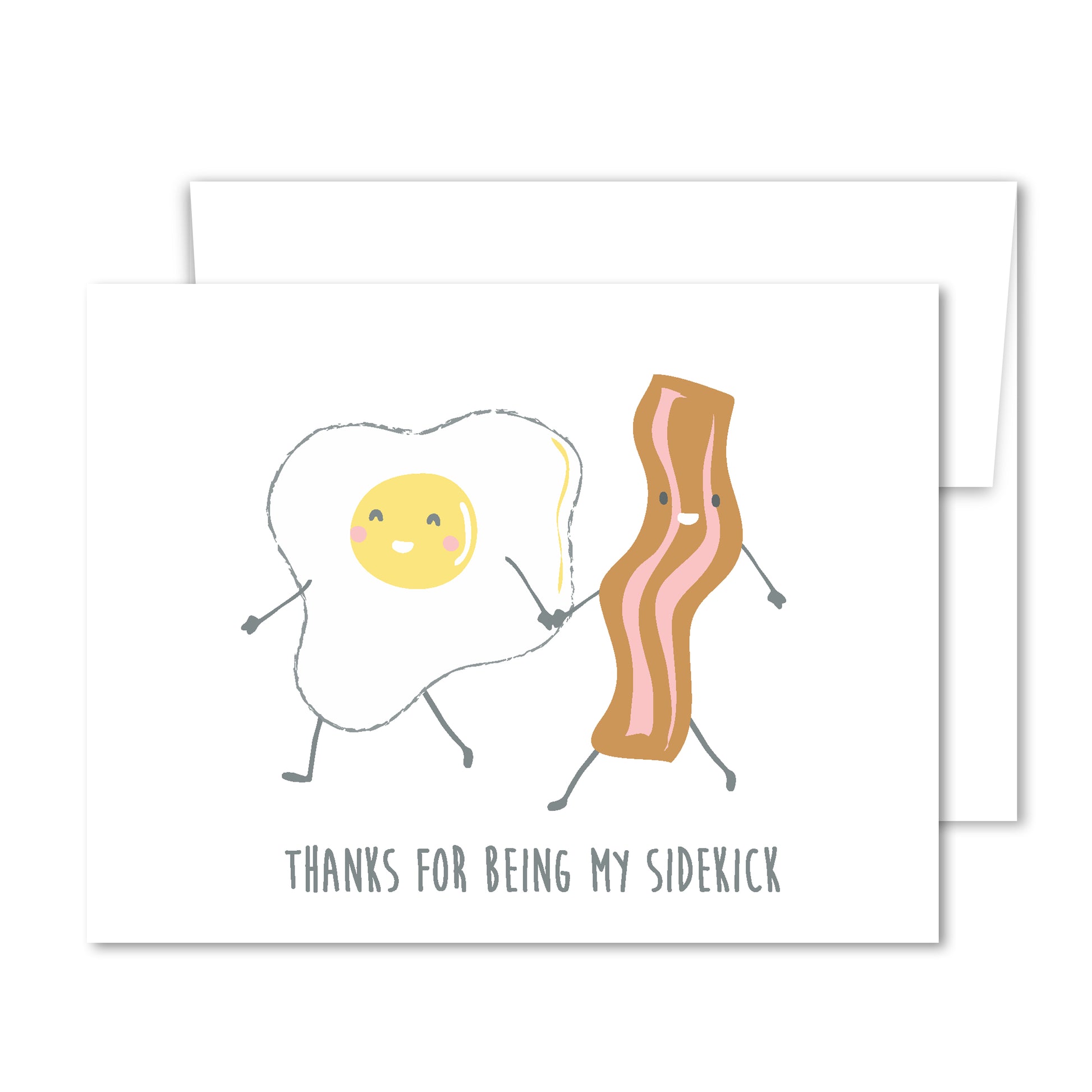 Greeting card featuring a smiling bacon strip and fried egg holding hands, whimsical illustration for friendship or appreciation.