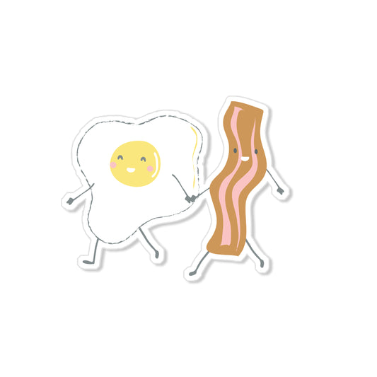 Bacon and egg sticker with smiling breakfast pair holding hands, humorous hand-drawn food illustration
