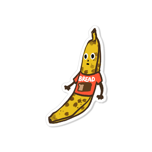 Banana bread sticker with spotted banana wearing red bread shirt, hand-drawn humorous illustration