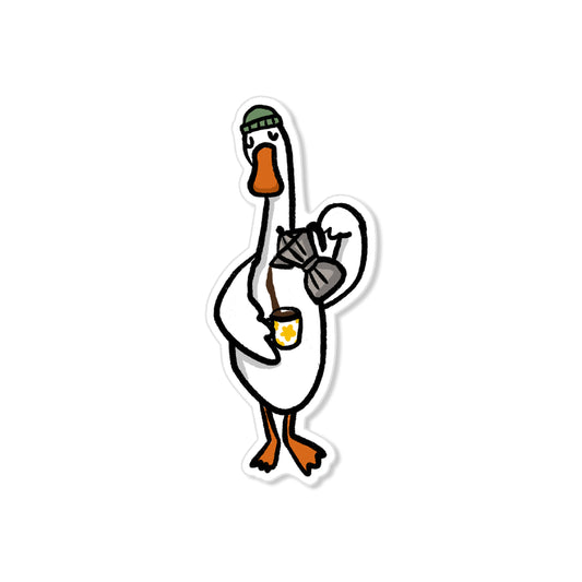 Sticker of a duck wearing a beanie making pour-over coffee, playful illustration style.